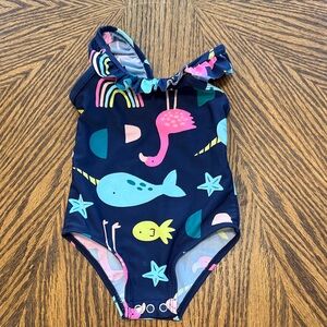 Navy Blue Kids Swim One Piece with Ocean Print
